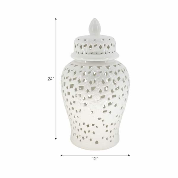 Liv & Skye 24 in. White Ceramic Pierced Cut-Out Decorative Jar