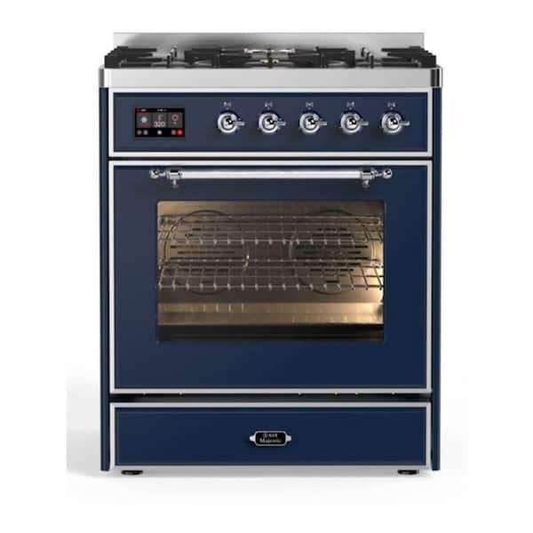 Majestic II 30 in. Single Oven Dual Fuel Range with 5 Sealed Burners, Glass Door, Chrome Trim in Midnight Blue