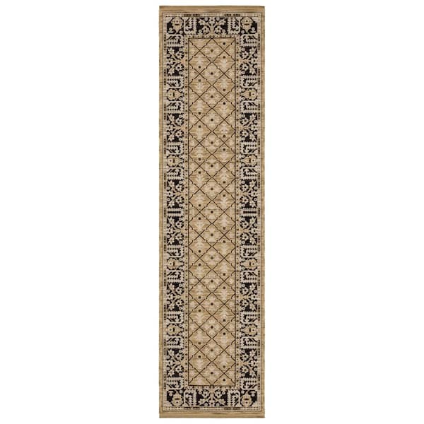 Amara 2 ft. x 10 ft. Tan/Black Floral Area Rug