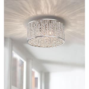 Saynsberry 11.5 in. 3-Light Polished Chrome and Crystal Drum Shape Flush Mount Bedroom Ceiling Light Fixture