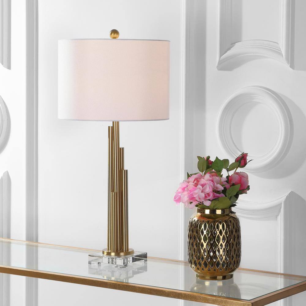 Hopper Brass Gold Table Lamp Set with White Linen Shade