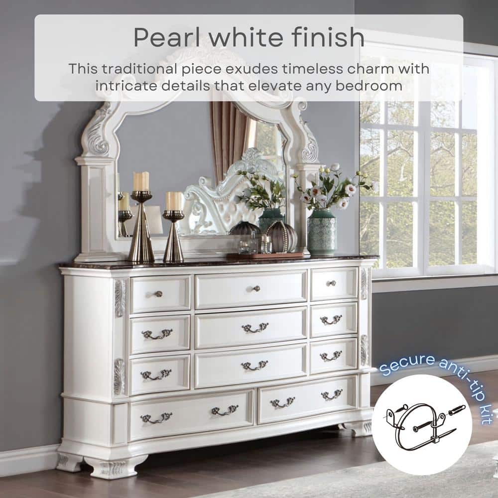 Florince Pearl White 68" Dresser with Genuine Marble Top