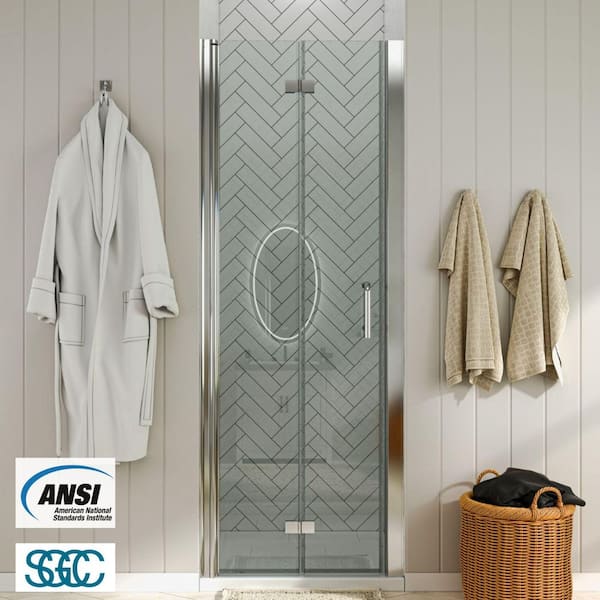 32 to 33-1/4 in. W. x 72 in. H Bi-Fold Frameless Shower Doors in Chrome with Clear Glass