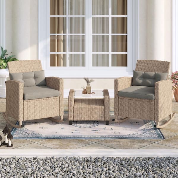 CORVUS Fatih 3-Piece Outdoor Wicker Rocking Chat Set with Light Brown Cushions