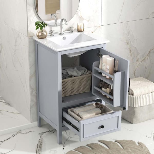 20 in. W Freestanding Bath Vanity in Grey with White Ceramic Top, A Door, Door Shelf Storage and Adjustable Foot Pads