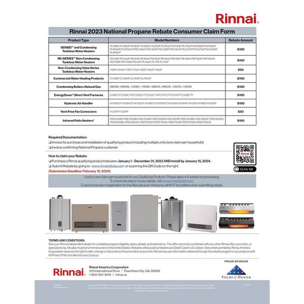 Rinnai High Efficiency 6.5 GPM Residential 150,000 BTU/h 44.0 kWh Propane  Exterior Tankless Water Heater V65eP - The Home Depot