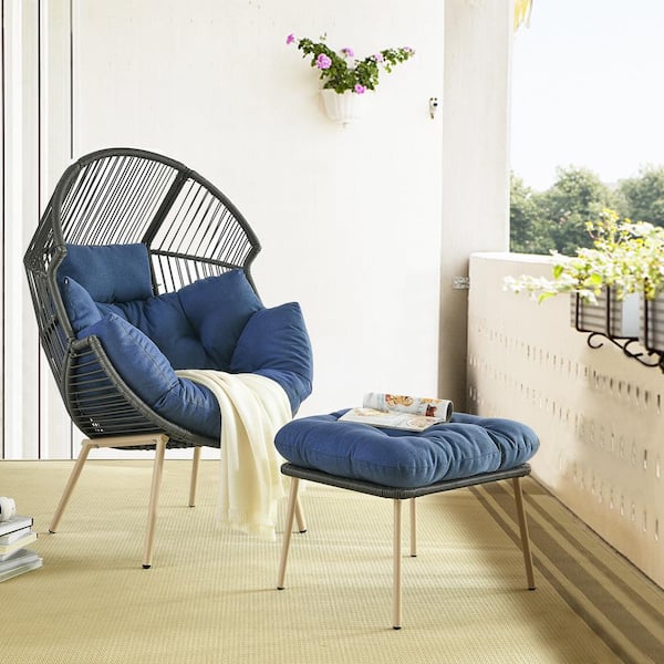 Patio Gray Wicker Egg Chair Outdoor Lounge Chair with Blue Cushions and Ottoman