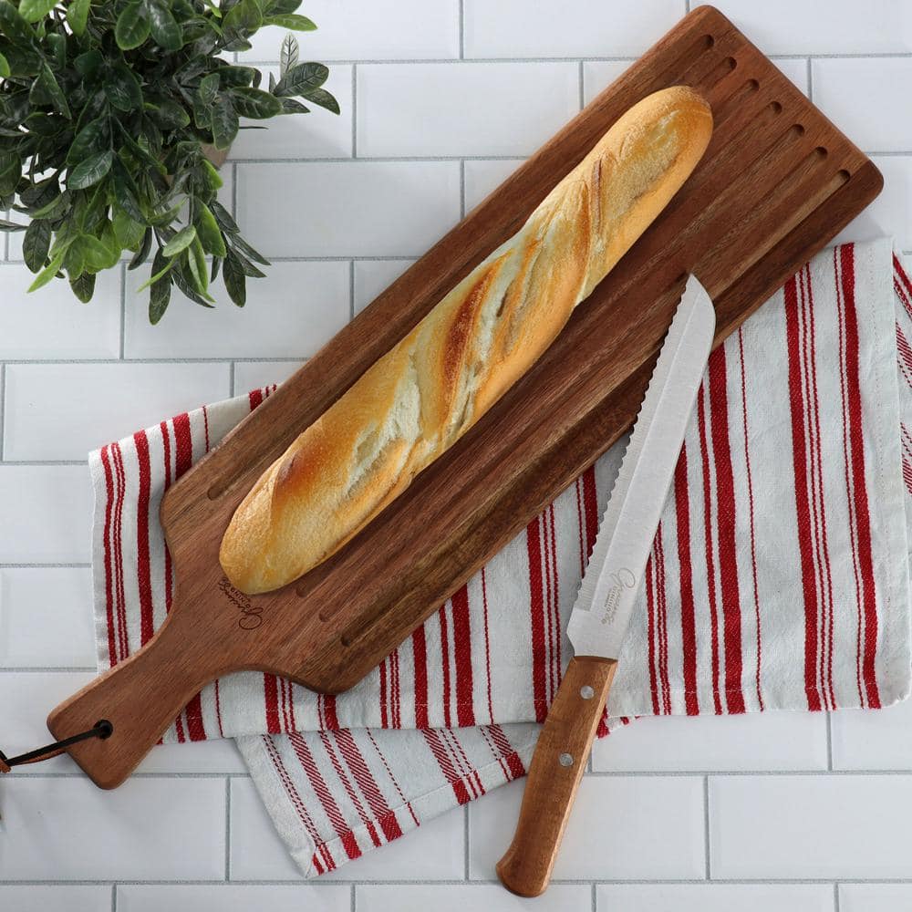 Gibson Elite 2 Piece Acacia Wood Serving Board and Bread Knife Set in Brown