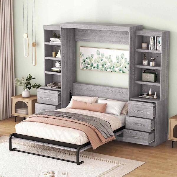Gray Wood Frame Full Size Murphy Bed with Storage Shelves and Drawers
