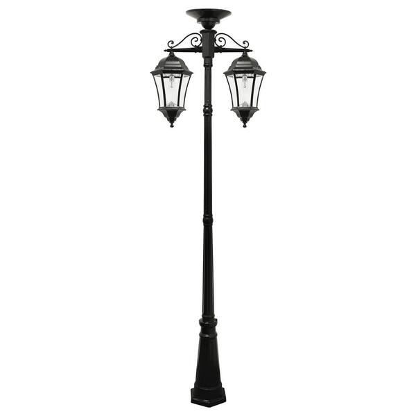 GAMA SONIC Victorian Bulb Series 2-Light Black LED Outdoor Solar Lamp Post with 2 Downward Hanging Lamp Fixtures