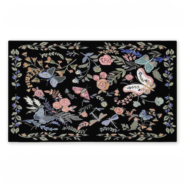 Dark Flowers and Garden Friends Black 18 in. x 30 in. Polyester Non-Slip Outdoor Door Mat