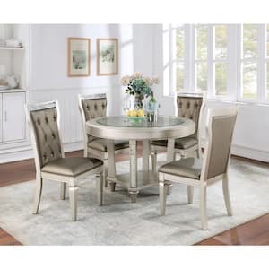 Deltona 5-Piece Round Champagne and Warm Gray Glass Top Dining Table Set