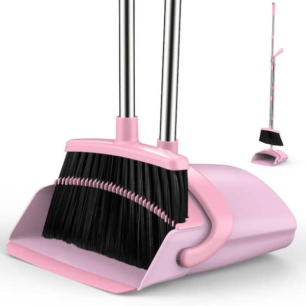 Broom and Dustpan Set, 51-in Long Adjustable Handle Angle Broom and Dustpan Combo Set with Dust Pan Teeth, Pink