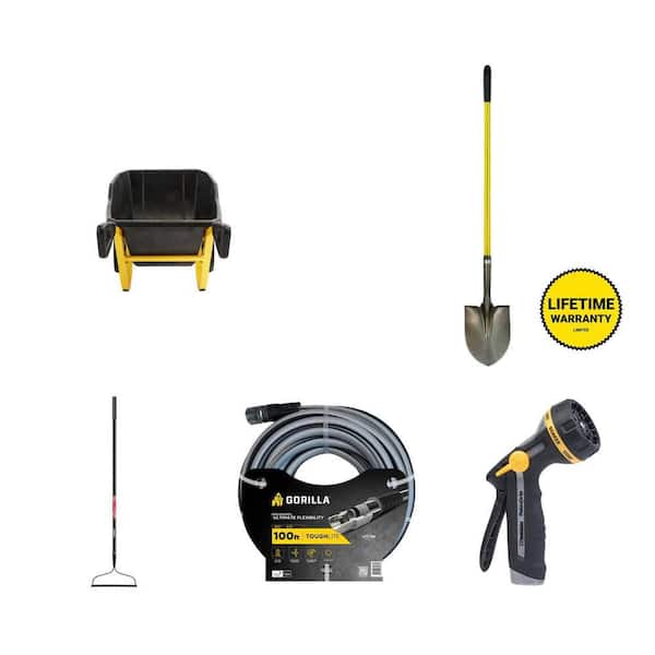 7 cu. ft. Poly Garden Cart, 36.5 in. Steel Shovel, 57 in. Bow Rake, 5/8 in. x 100 ft. Hose and Adjustable Nozzle Combo