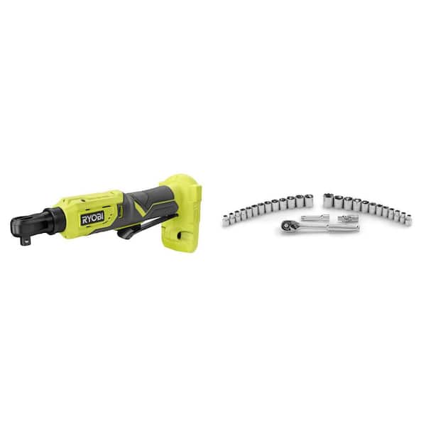 ONE+ 18V Cordless 3/8 in. 4-Position Ratchet (Tool Only) & 3/8 in. Drive Mechanics Ratchet and Socket Set (28-Piece)