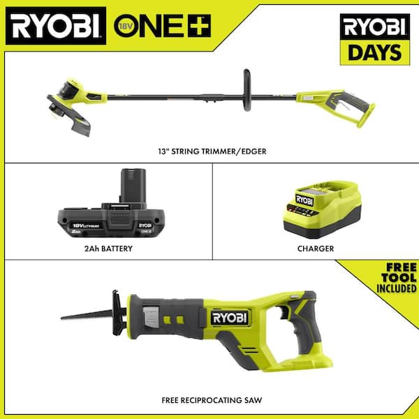 ONE+ 18V 13 in. Cordless Battery String Trimmer with 2.0 Ah Battery, Charger, and FREE Cordless Reciprocating Saw