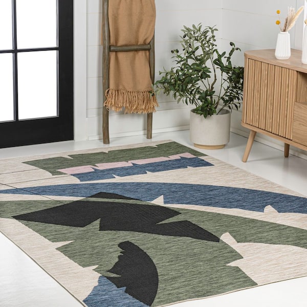 Shelby Coastal Vintage Abstract Palm Leaf Navy/Cream 5 ft. x 8 ft. Indoor/Outdoor Area Rug