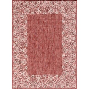 Outdoor Floral Border Rust Red 7 ft. x 10 ft. Area Rug