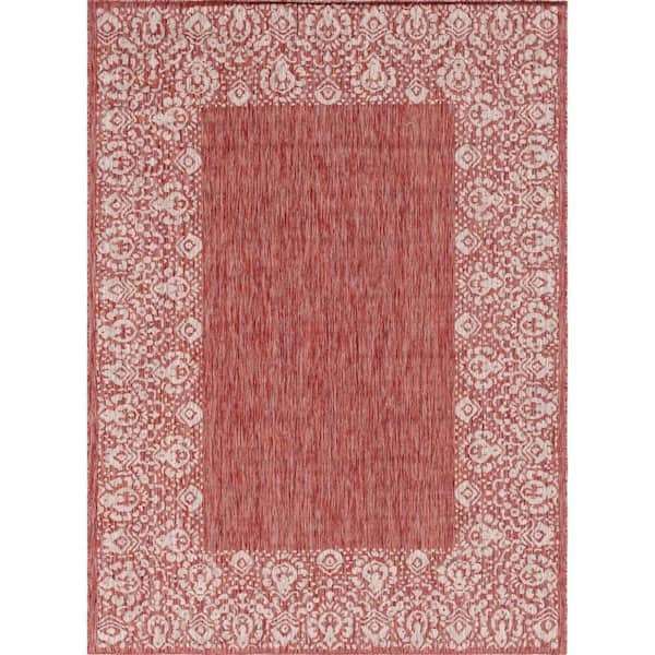 Unique Loom Outdoor Floral Border Rust Red 7 ft. x 10 ft. Area Rug