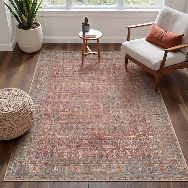 Bakhita Machine Washable Red/Blue 5 ft. x 7 ft. Floral Indoor Area Rug