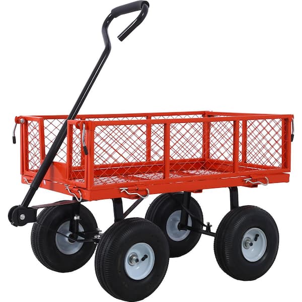 Tatayosi 3 Cu. Ft. Red Steel Garden Cart, Wagon Cart, Removable Side Steel Mesh