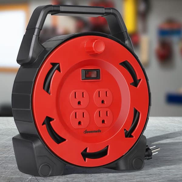 30 ft. 16/3 SJTW 10 Amp Retractable Extension Cord Reel with 4 Grounded Outlets, Red Black