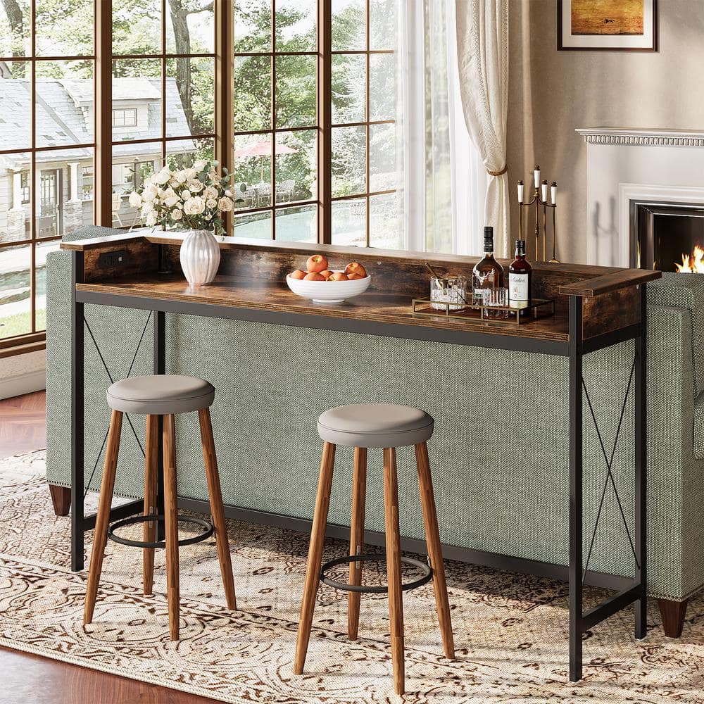 Brown Wood and Metal Console Table with Charging Ports, 70.9 inch