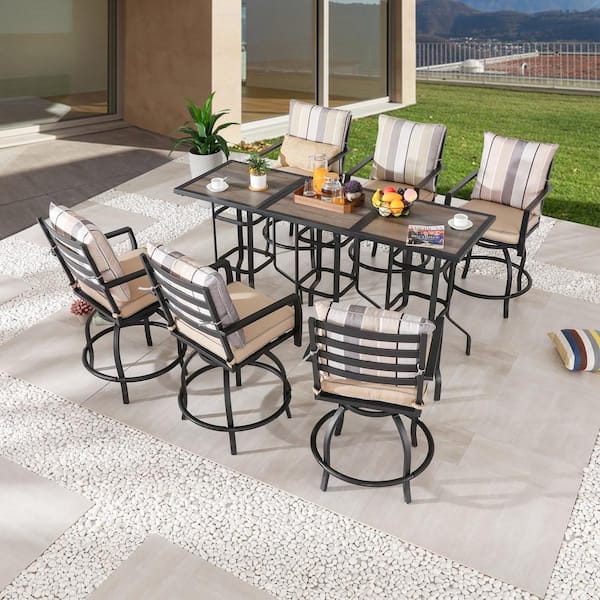Patio Festival 9-Piece Metal Bar Height Outdoor Dining Set with Neutral Tone Cushions