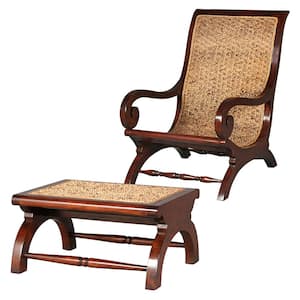 British Plantation Brown Mahogany Chair and Footstool (Set of 2)