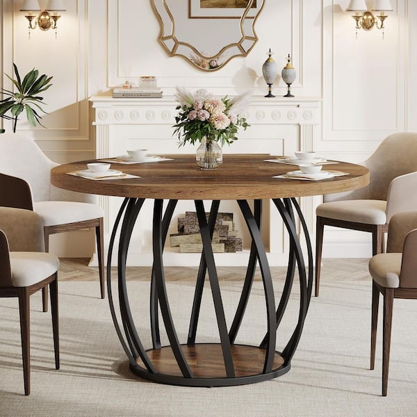 Roesler Black Wood 46 in Pedestal Round Dinner Kitchen Circle Dining Table Seats 4 to 6 Sturdy Metal Frame Dinning Room