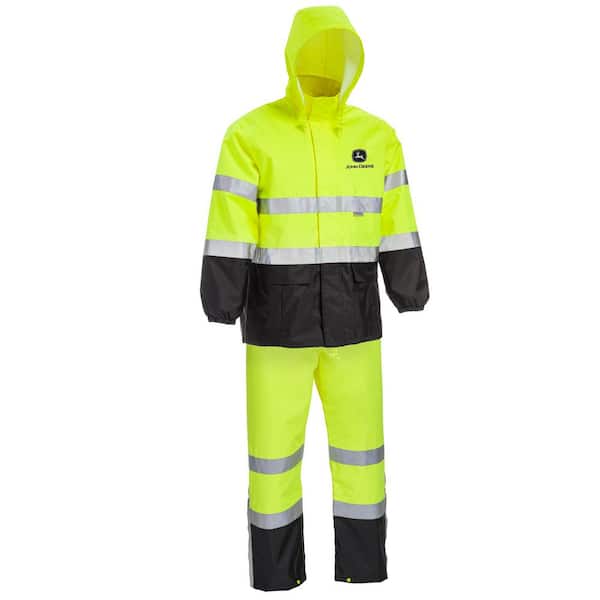 John Deere Men's X-Large High Vis Yellow Polyurethane-Coated Polyester Waterproof ANSI Class III 2-Piece Rain Suit