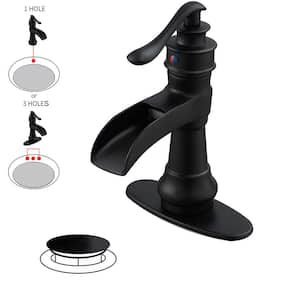Waterfall Single Hole Faucet Single-Handle Bathroom Faucet with Drain Assembly and Deck Plate Included in Matte Black