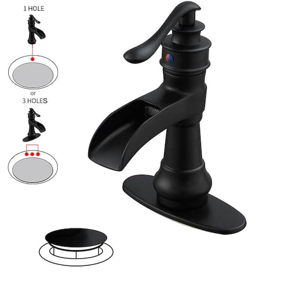 Unbranded Waterfall Single Hole Faucet Single-Handle Bathroom Faucet with Drain Assembly and Deck Plate Included in Matte Black