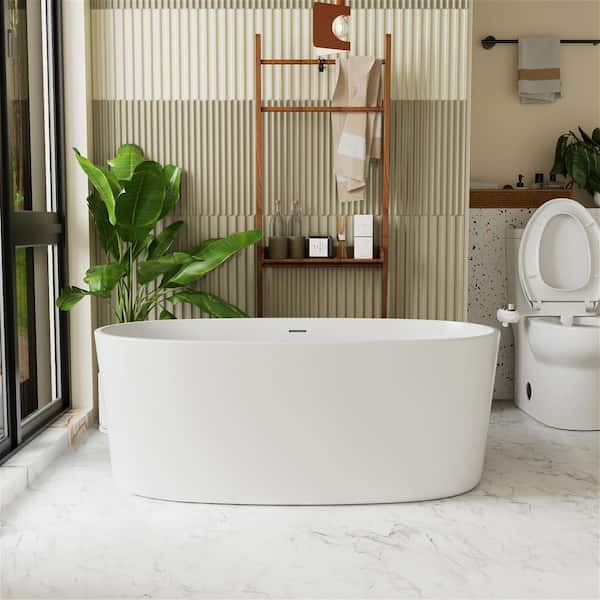 INSTER LOOP 59 in. Acrylic Oval Freestanding Soaking Flatbottom Non-Whirlpool Bathtub in White