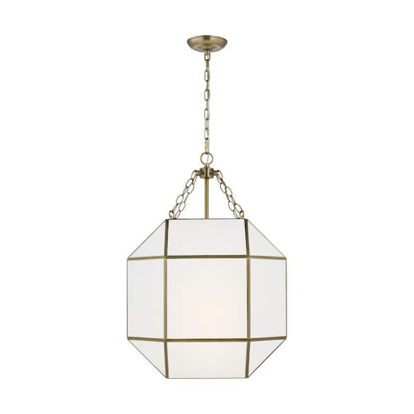Morrison 3-Light Satin Brass Medium Lantern Hanging Pendant Light with White Glass Panel