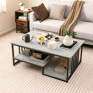 43 in. Gray Rectangle Faux Marble Coffee Table 2-Tier Center Table with Open Storage Shelf