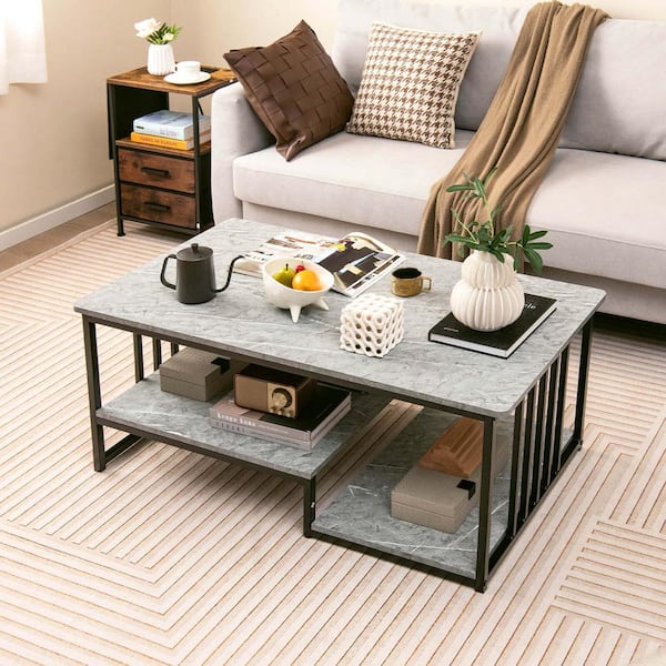 Costway 43 in. Gray Rectangle Faux Marble Coffee Table 2-Tier Center Table with Open Storage Shelf