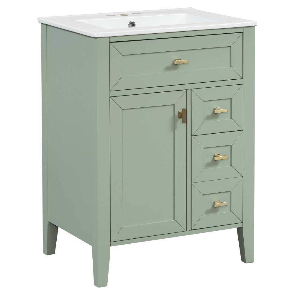 24 in. Light Green Bath Vanity with White Ceramic Top, Sink, 2-Tier Door Storage Rack, 3 Drawers,Soft-Close Door,Drawers price history on PriceWatchPro