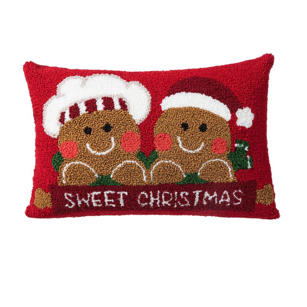 Red Rectangular Hooked Gingerbread Boy and Girl Christmas Pillow