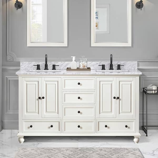Thompson 61 in. Double Sink French White Bath Vanity with Carrara White Marble Top