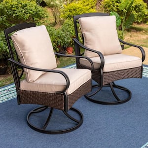 Metal and Wicker Outdoor Patio Swivel Lounge Chair with Beige Cushions (2-Pack)