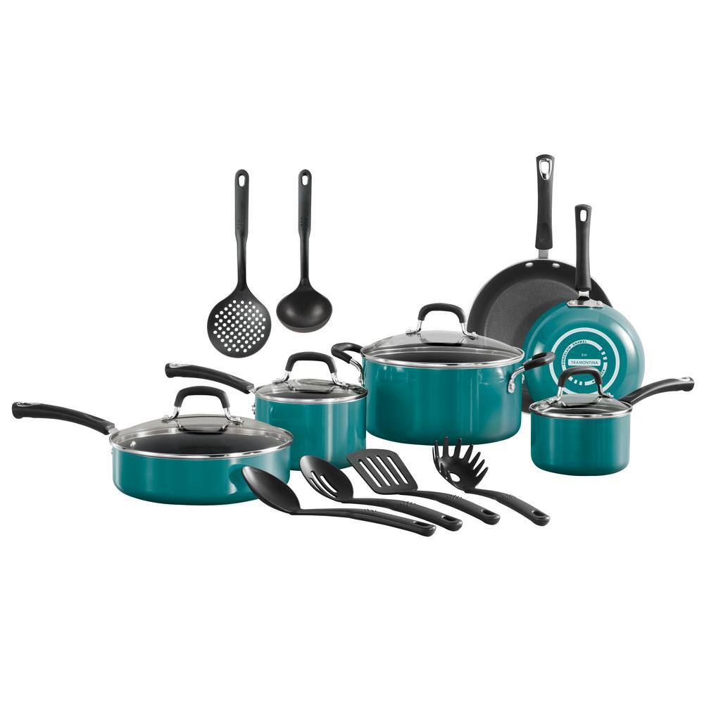 UPC 016017157200 product image for Tramontina 16-Piece Nonstick Porcelain Enamel Aluminum Cookware Set in Teal, Tea | upcitemdb.com