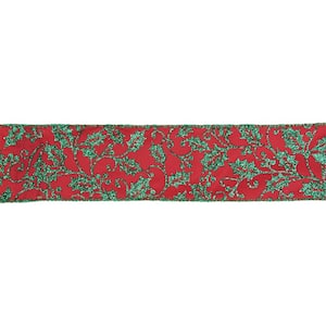 2.5 in. x 16 yds. Sparkly Red and Green Holly Wired Craft Ribbon