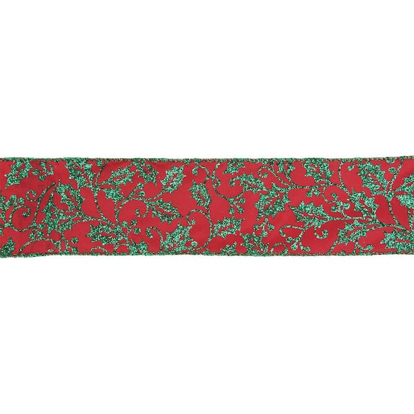 2.5 x 10 yds Red Satin Ribbon with Dark Green & Lime Green Glittered Dots,  Wired Christmas Ribbon