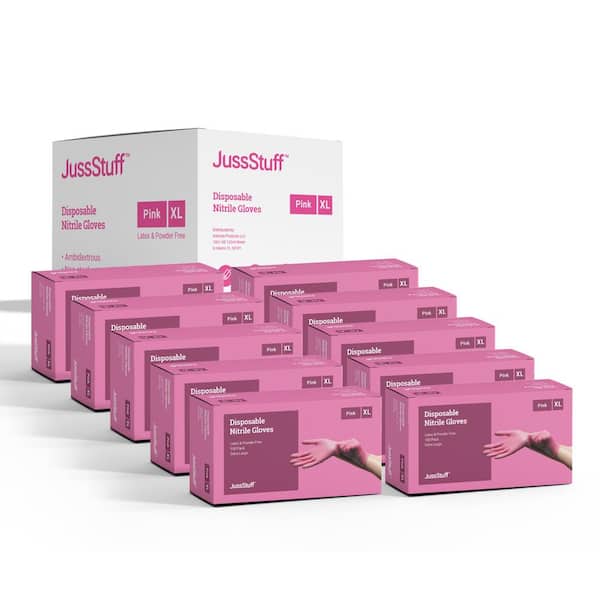 JussStuff Extra Large Nitrile Exam Latex Free and Powder Free Gloves in Pink - 10-Boxes of 100-Gloves (1000 Total)