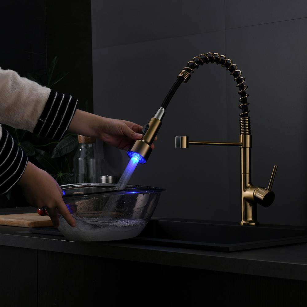 Brushed Gold Single Handle Pull Down Kitchen Faucet with LED
