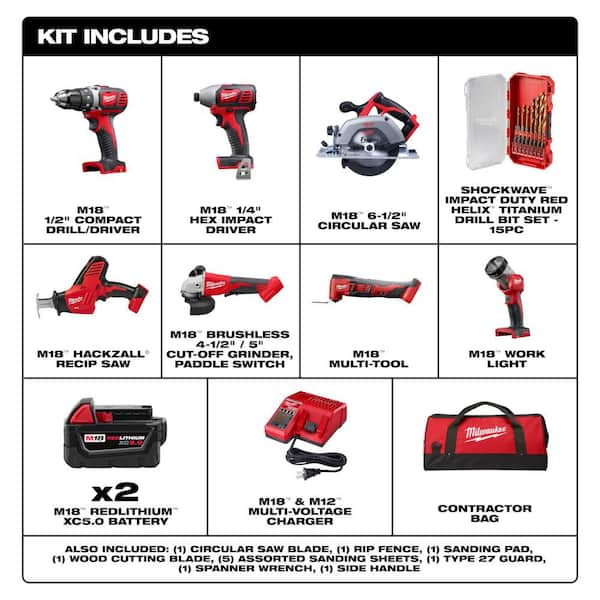 M18 18-Volt Lithium-Ion Cordless Combo Kit 7-Tool with 2-Batteries, Charger and Tool Bag with Drill Bit Set (15-Piece)