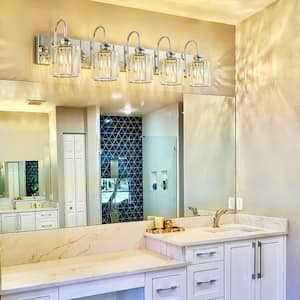Mason 35.4 in. 5-Light Modern Glam Chrome Bathroom Vanity Light Dimmable Luxury Linear Wall Light with Crystal Shade