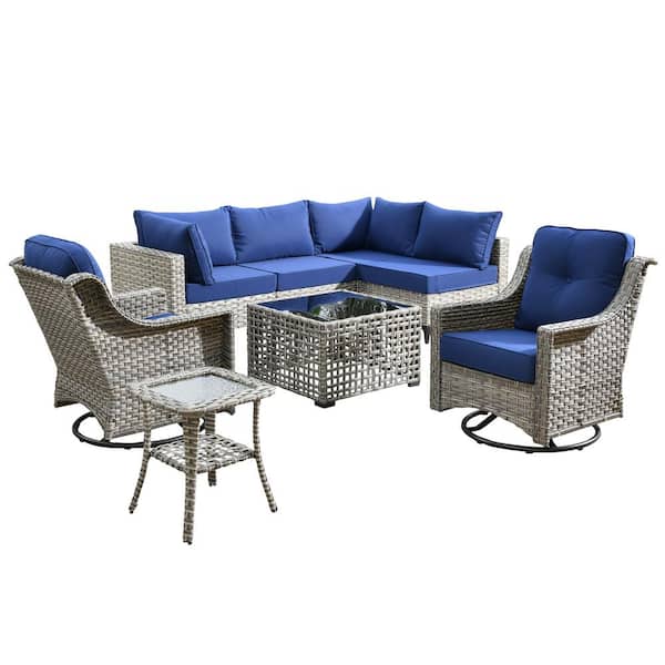 Holston 8-Piece Wicker Modern Outdoor Patio Conversation Sofa Seating Set with Swivel Chairs and Navy Blue Cushions