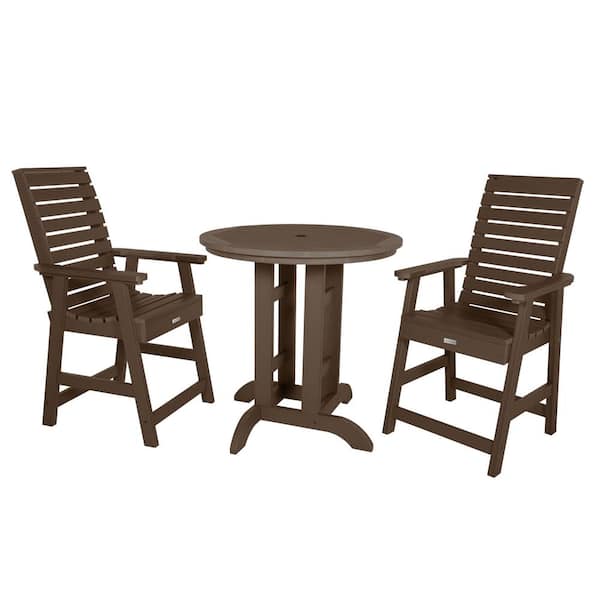 Highwood Weatherly Weathered Acorn 3-Piece Recycled Plastic Round Outdoor Balcony Height Dining Set